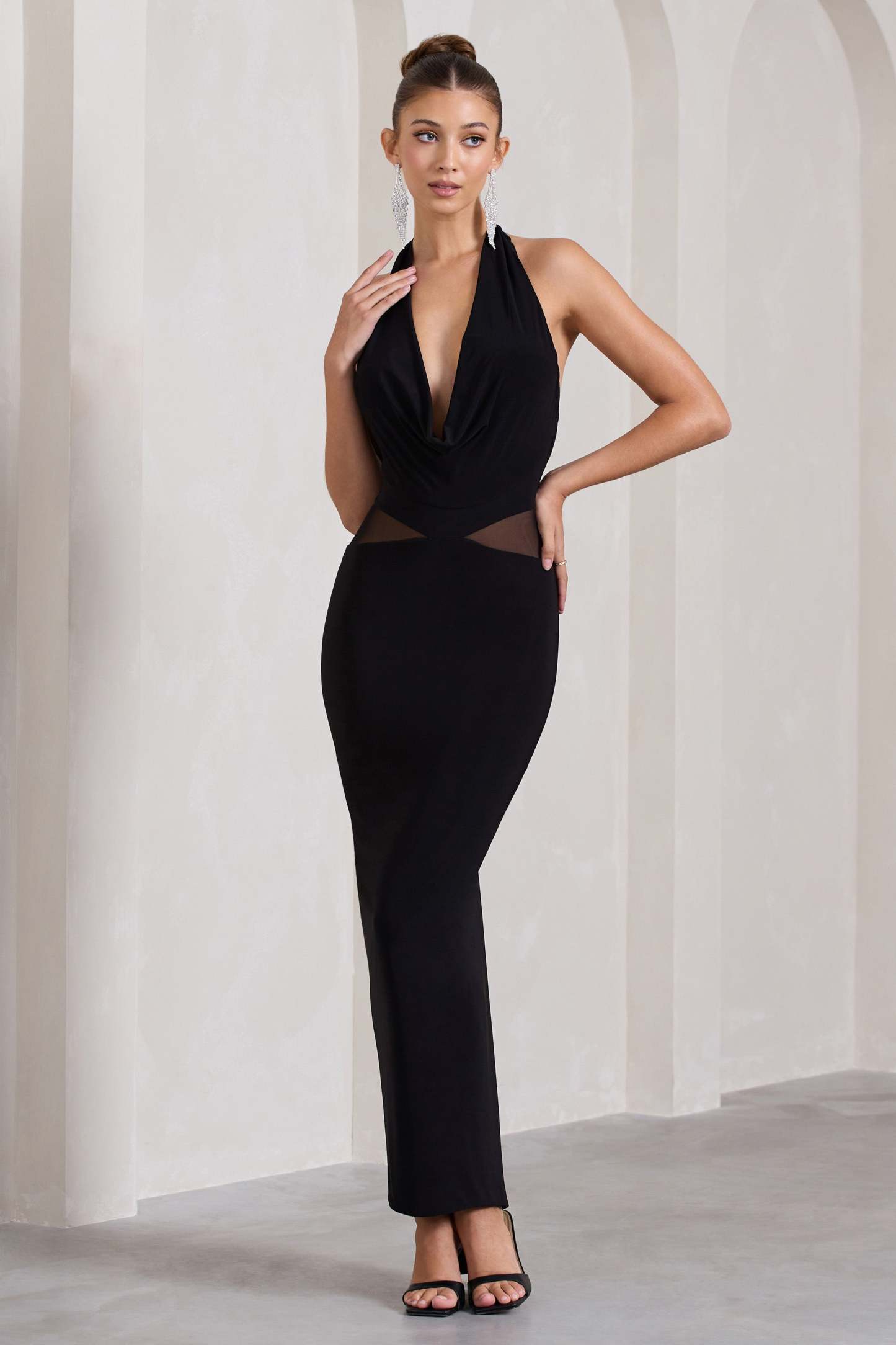 Big Deal Black Cowl-Neck Maxi Dress With Mesh Inserts-Fashionmomo.All Rights Reserved