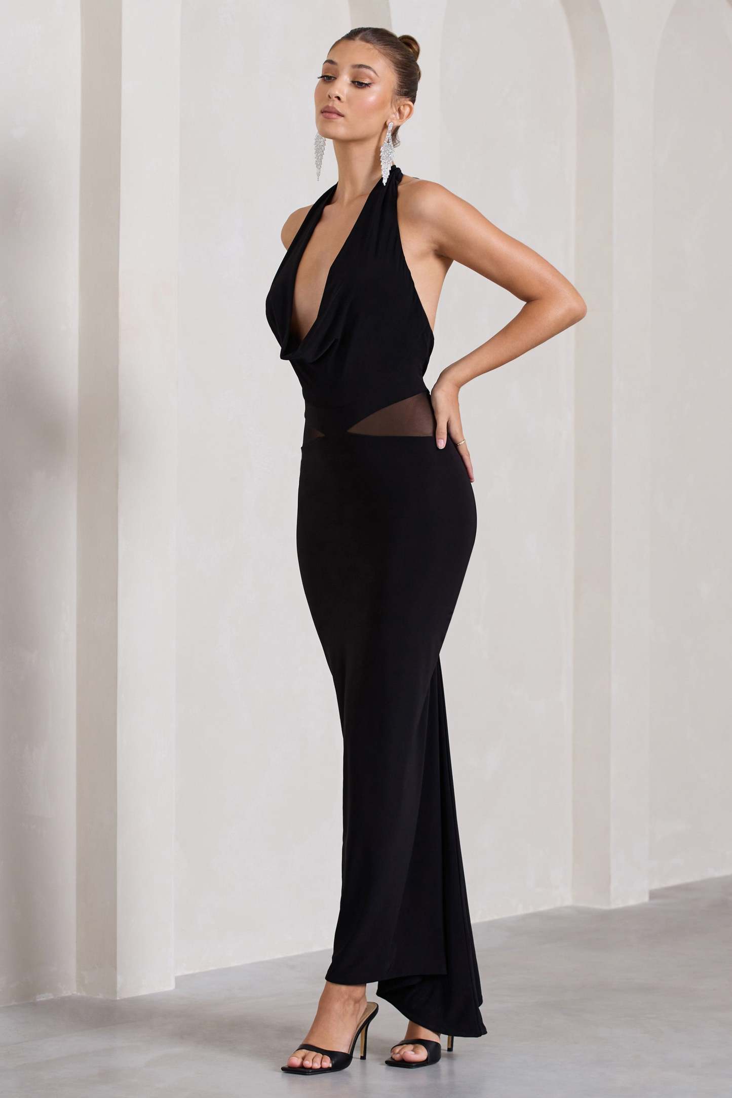 Big Deal Black Cowl-Neck Maxi Dress With Mesh Inserts-Fashionmomo.All Rights Reserved