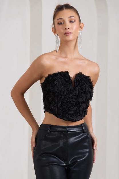 Alicia Black Floral Mesh Strapless Corset Top-Fashionmomo.All Rights Reserved