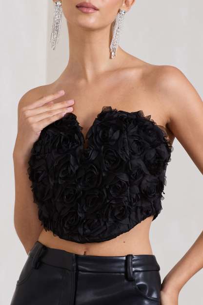 Alicia Black Floral Mesh Strapless Corset Top-Fashionmomo.All Rights Reserved