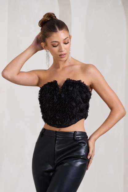 Alicia Black Floral Mesh Strapless Corset Top-Fashionmomo.All Rights Reserved