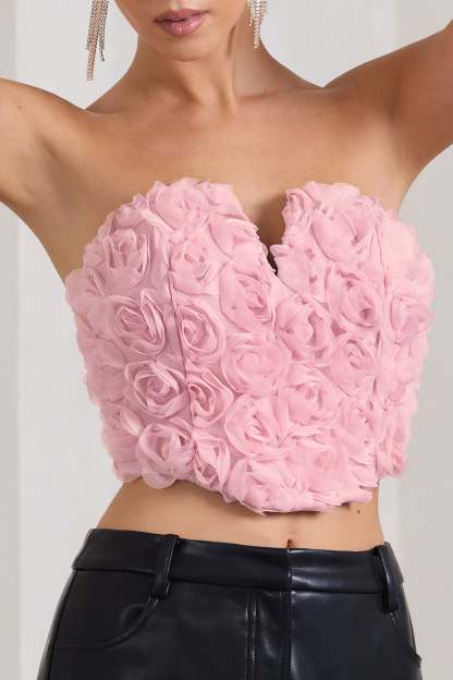 Alicia Blush Pink Floral Mesh Strapless Corset Top-Fashionmomo.All Rights Reserved