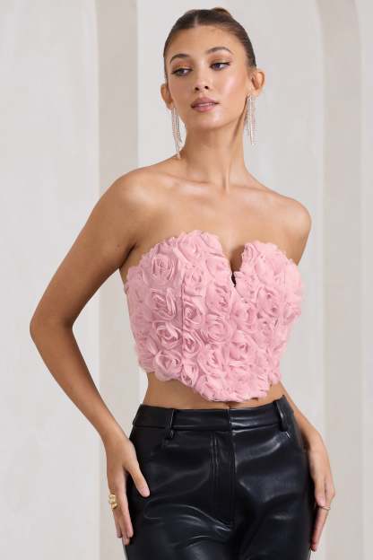 Alicia Blush Pink Floral Mesh Strapless Corset Top-Fashionmomo.All Rights Reserved