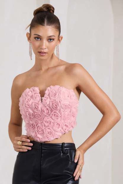 Alicia Blush Pink Floral Mesh Strapless Corset Top-Fashionmomo.All Rights Reserved