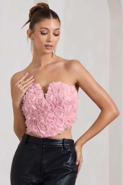 Alicia Blush Pink Floral Mesh Strapless Corset Top-Fashionmomo.All Rights Reserved