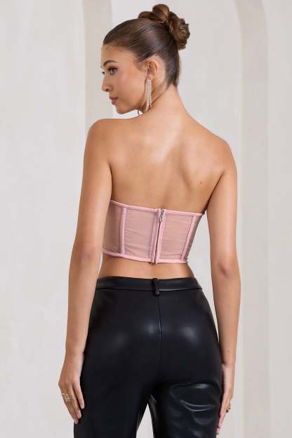 Alicia Blush Pink Floral Mesh Strapless Corset Top-Fashionmomo.All Rights Reserved