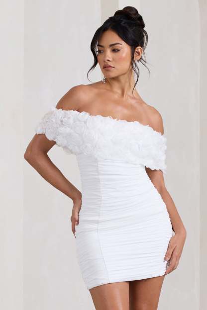 Pass A Glass White Ruched Bardot Mini Dress With Flowers-Fashionmomo.All Rights Reserved