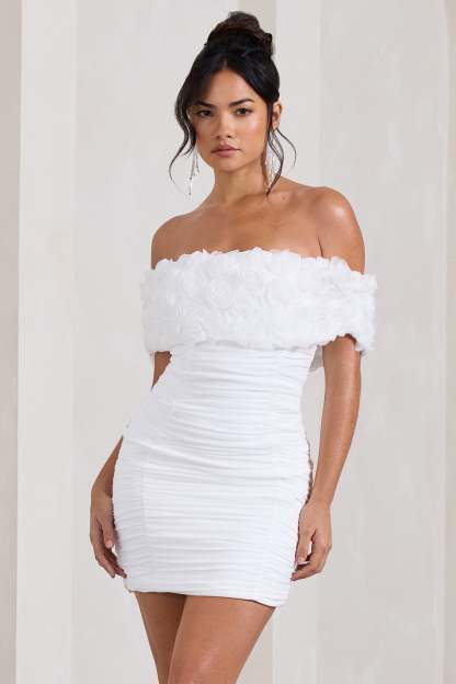 Pass A Glass White Ruched Bardot Mini Dress With Flowers-Fashionmomo.All Rights Reserved