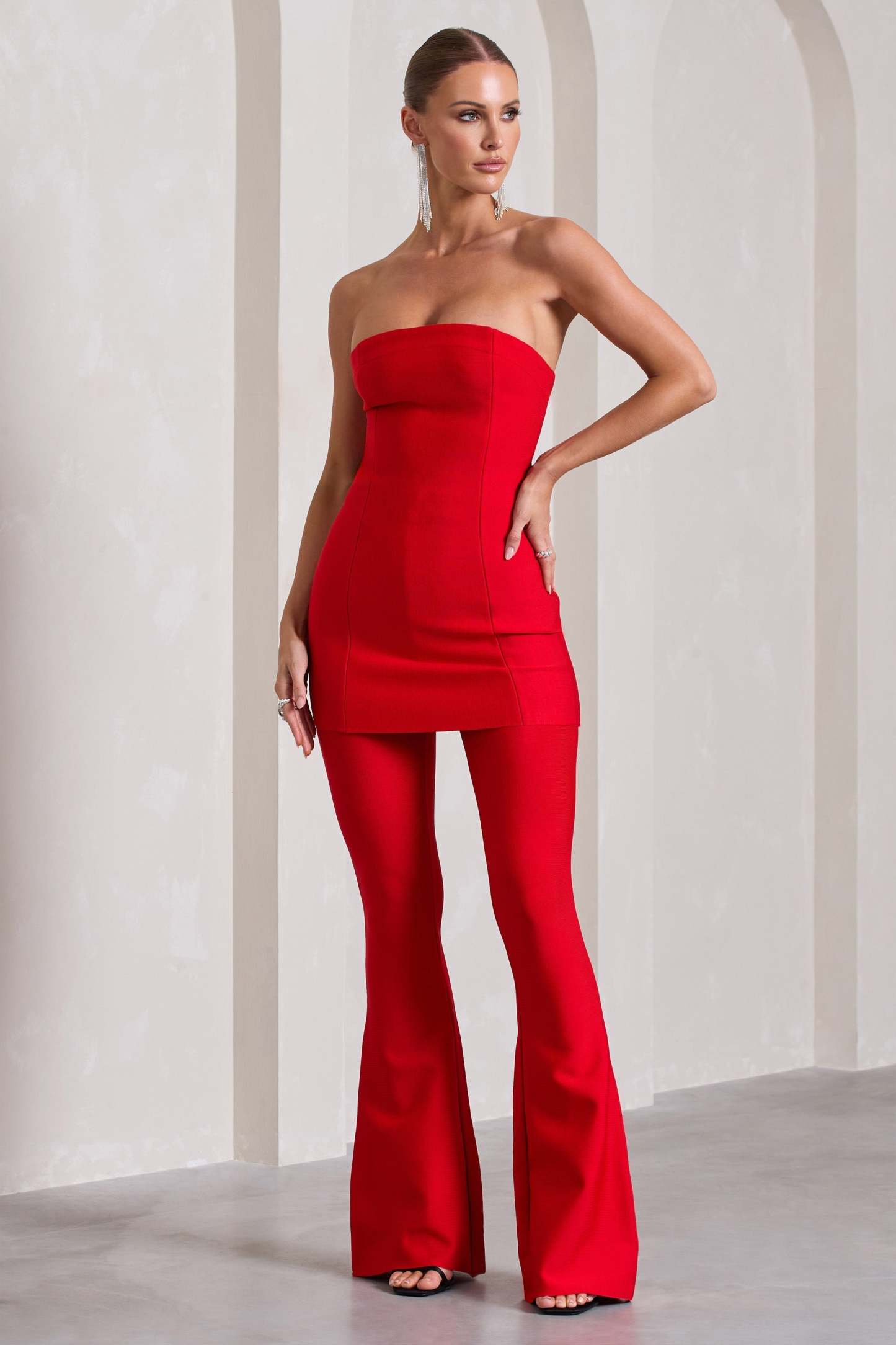 Capri Red Bandage High Waist Flared Trousers-Fashionmomo.All Rights Reserved
