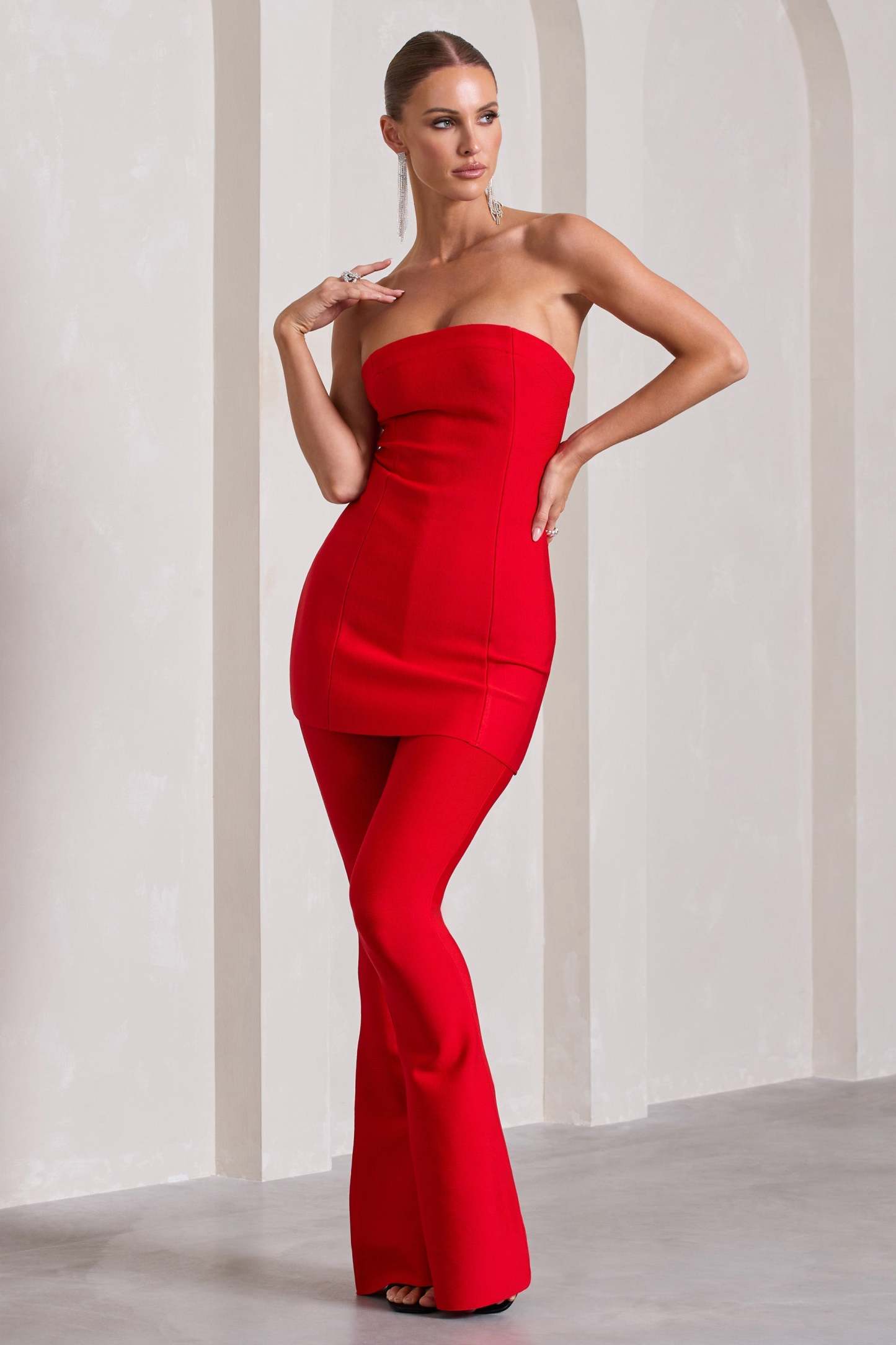 Capri Red Bandage High Waist Flared Trousers-Fashionmomo.All Rights Reserved