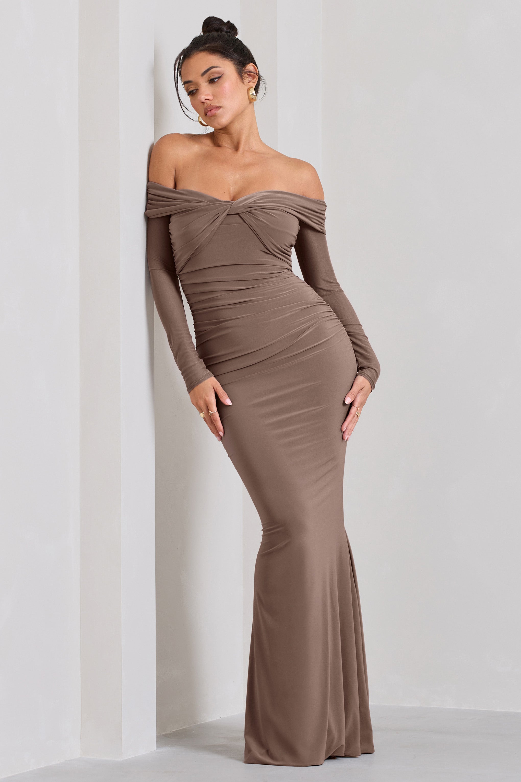 Alex Mocha Bardot Twist Maxi Dress-Fashionmomo.All Rights Reserved