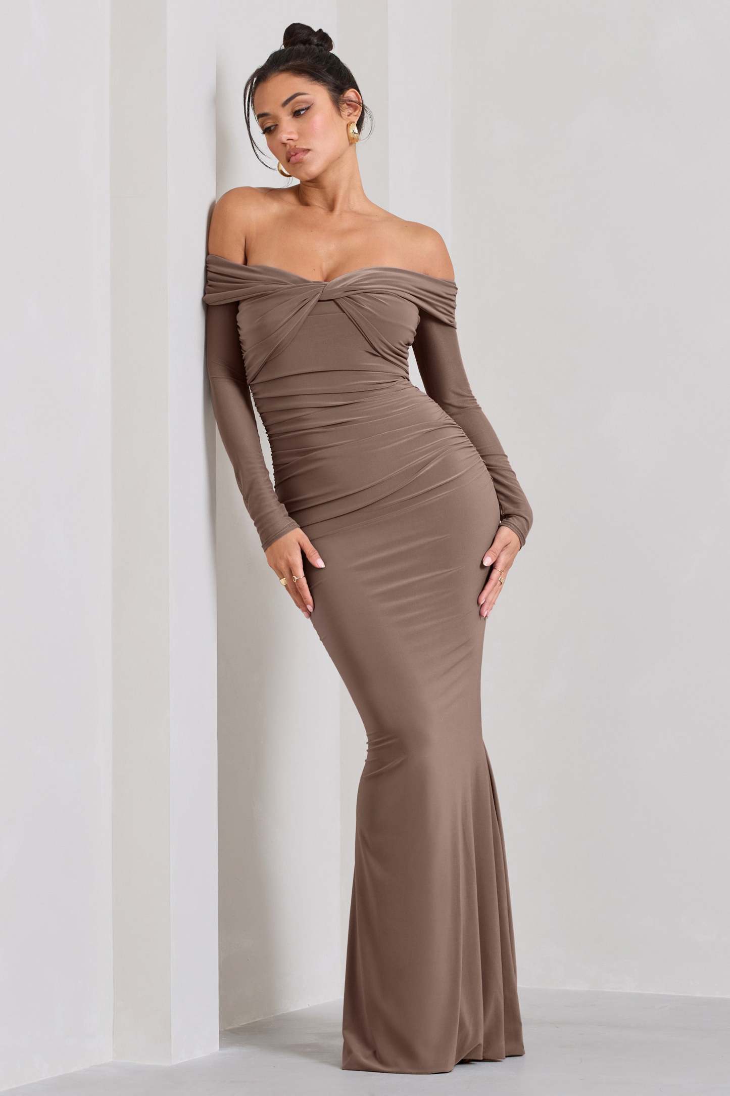 Alex Mocha Bardot Twist Maxi Dress-Fashionmomo.All Rights Reserved