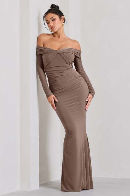 Alex Mocha Bardot Twist Maxi Dress-Fashionmomo.All Rights Reserved
