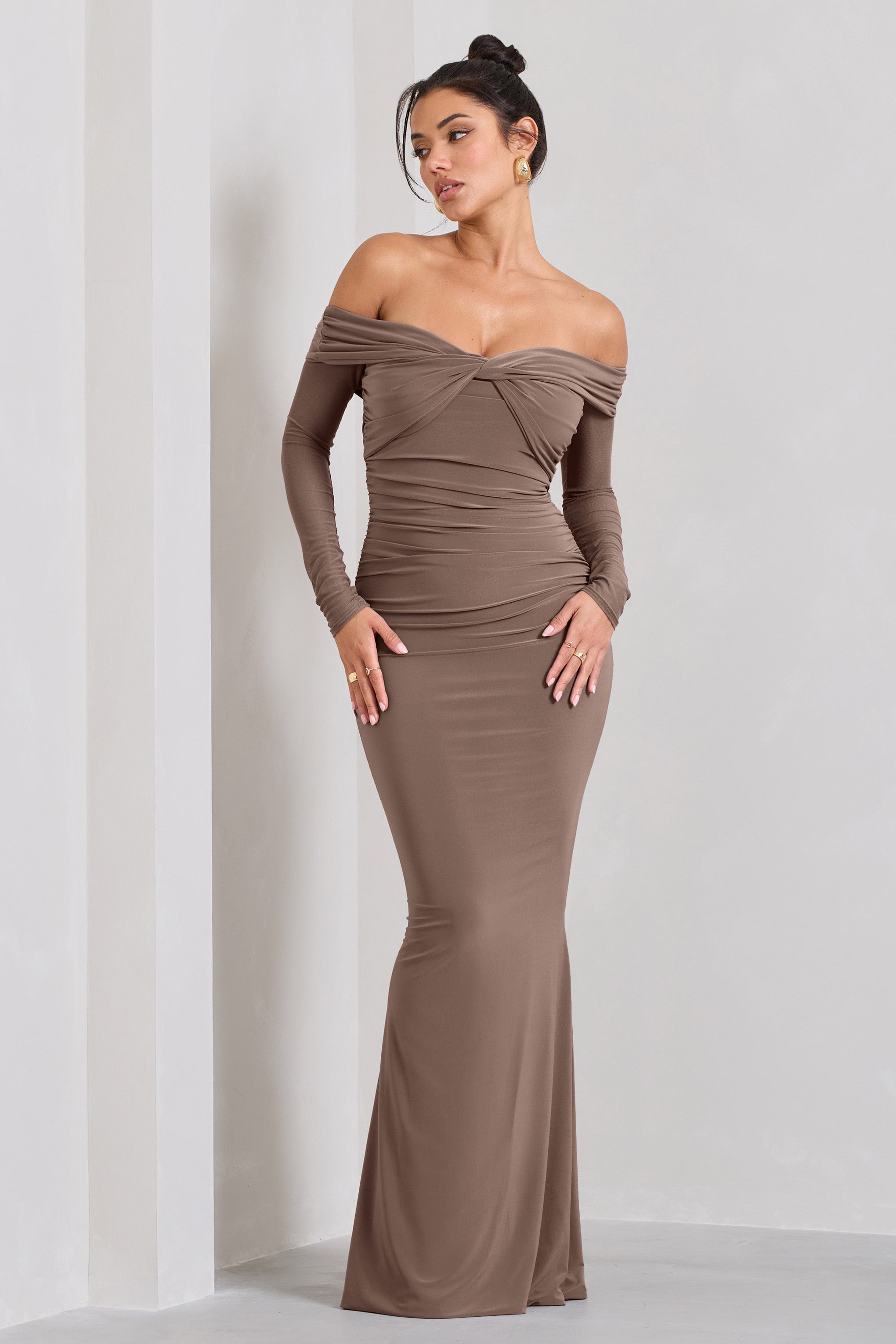 Alex Mocha Bardot Twist Maxi Dress-Fashionmomo.All Rights Reserved