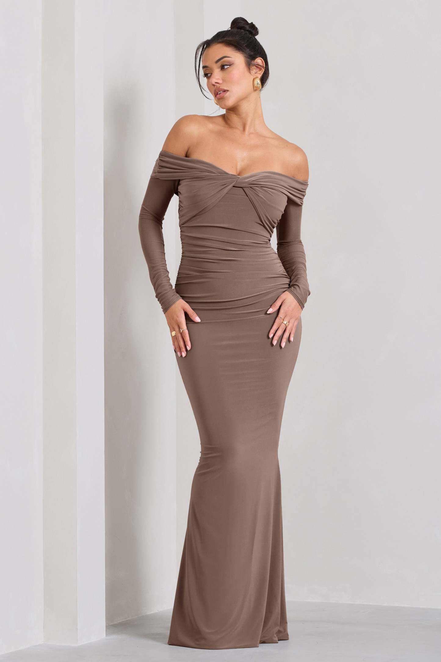 Alex Mocha Bardot Twist Maxi Dress-Fashionmomo.All Rights Reserved