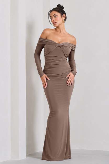Alex Mocha Bardot Twist Maxi Dress-Fashionmomo.All Rights Reserved