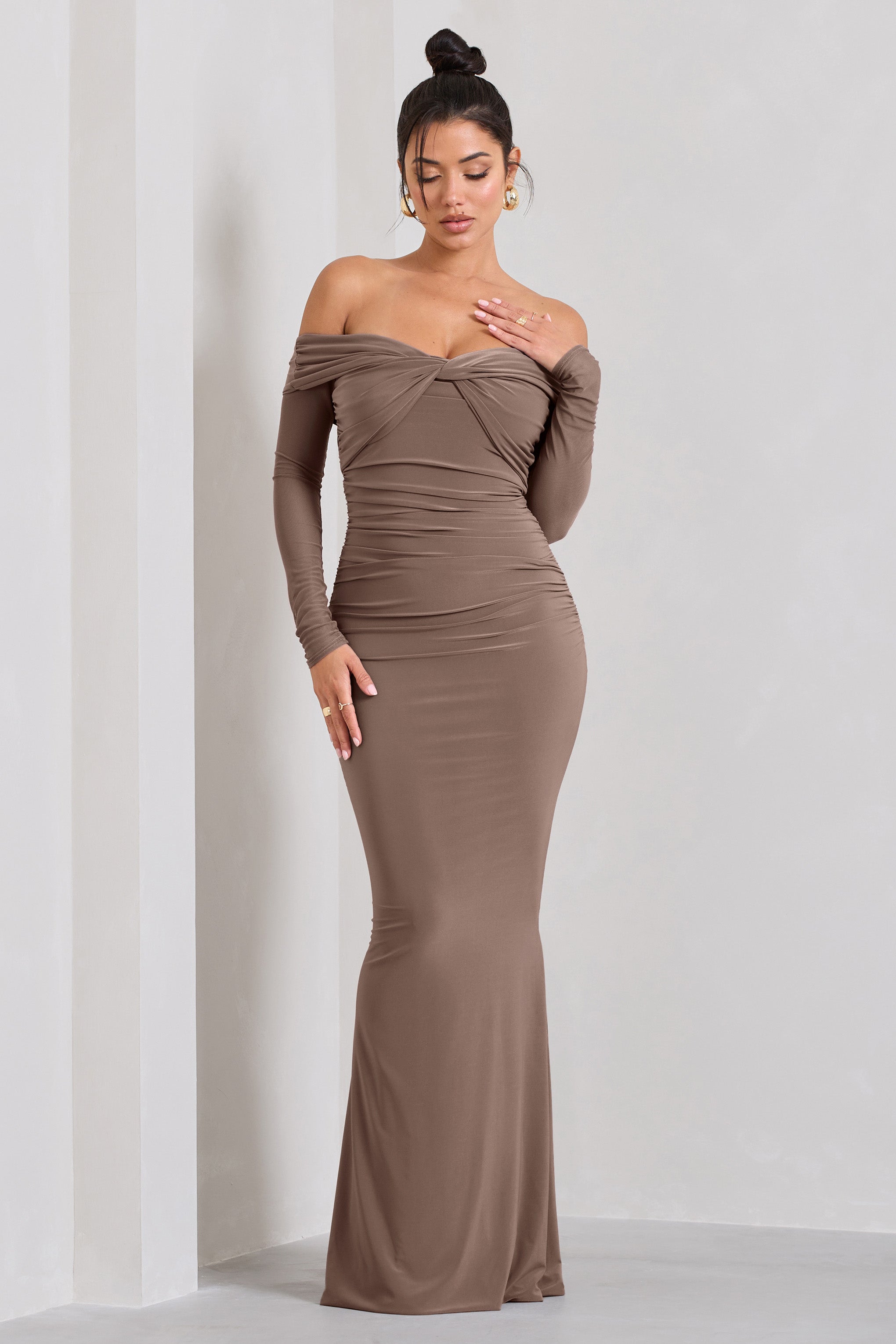 Alex Mocha Bardot Twist Maxi Dress-Fashionmomo.All Rights Reserved