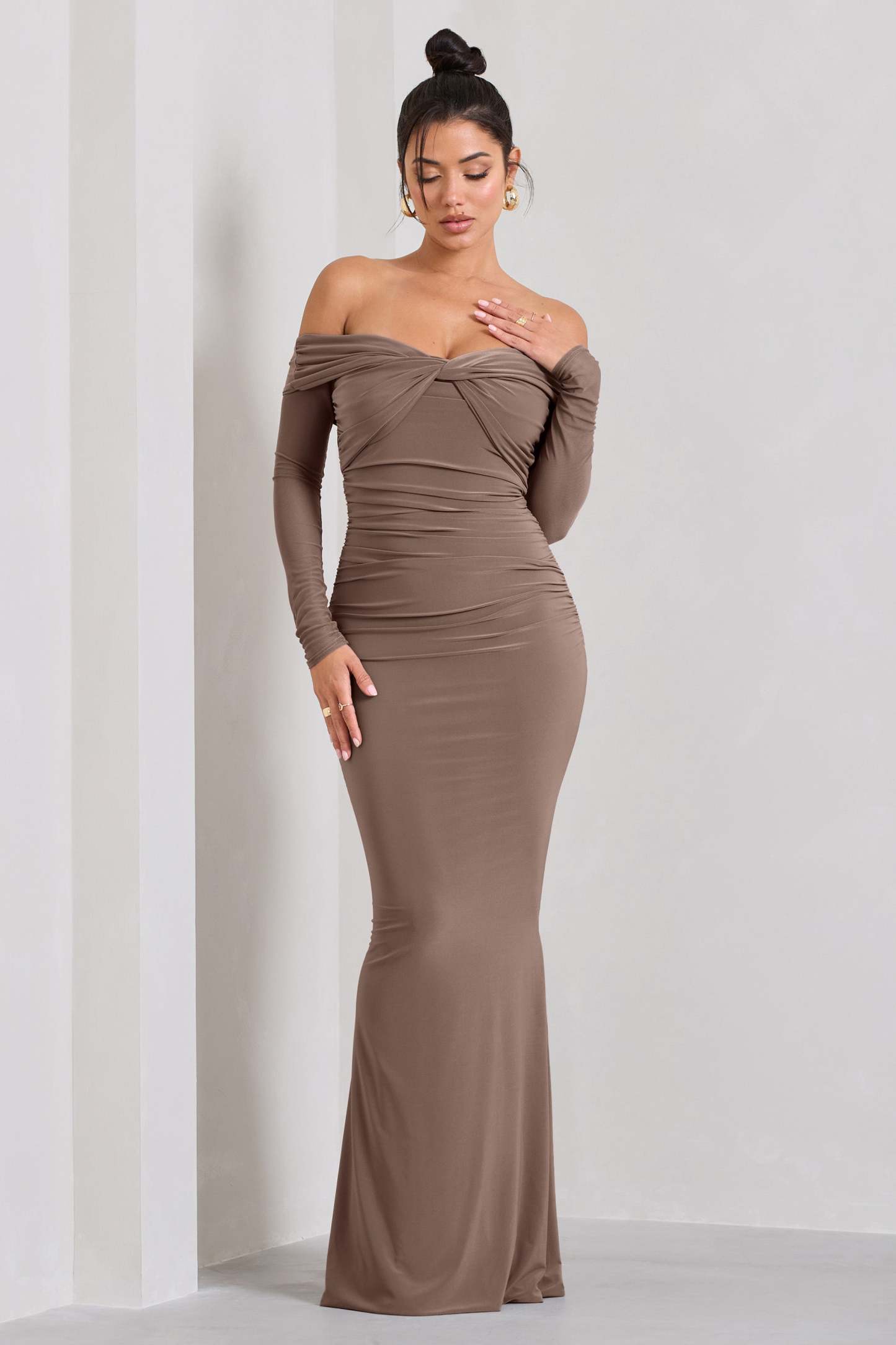 Alex Mocha Bardot Twist Maxi Dress-Fashionmomo.All Rights Reserved
