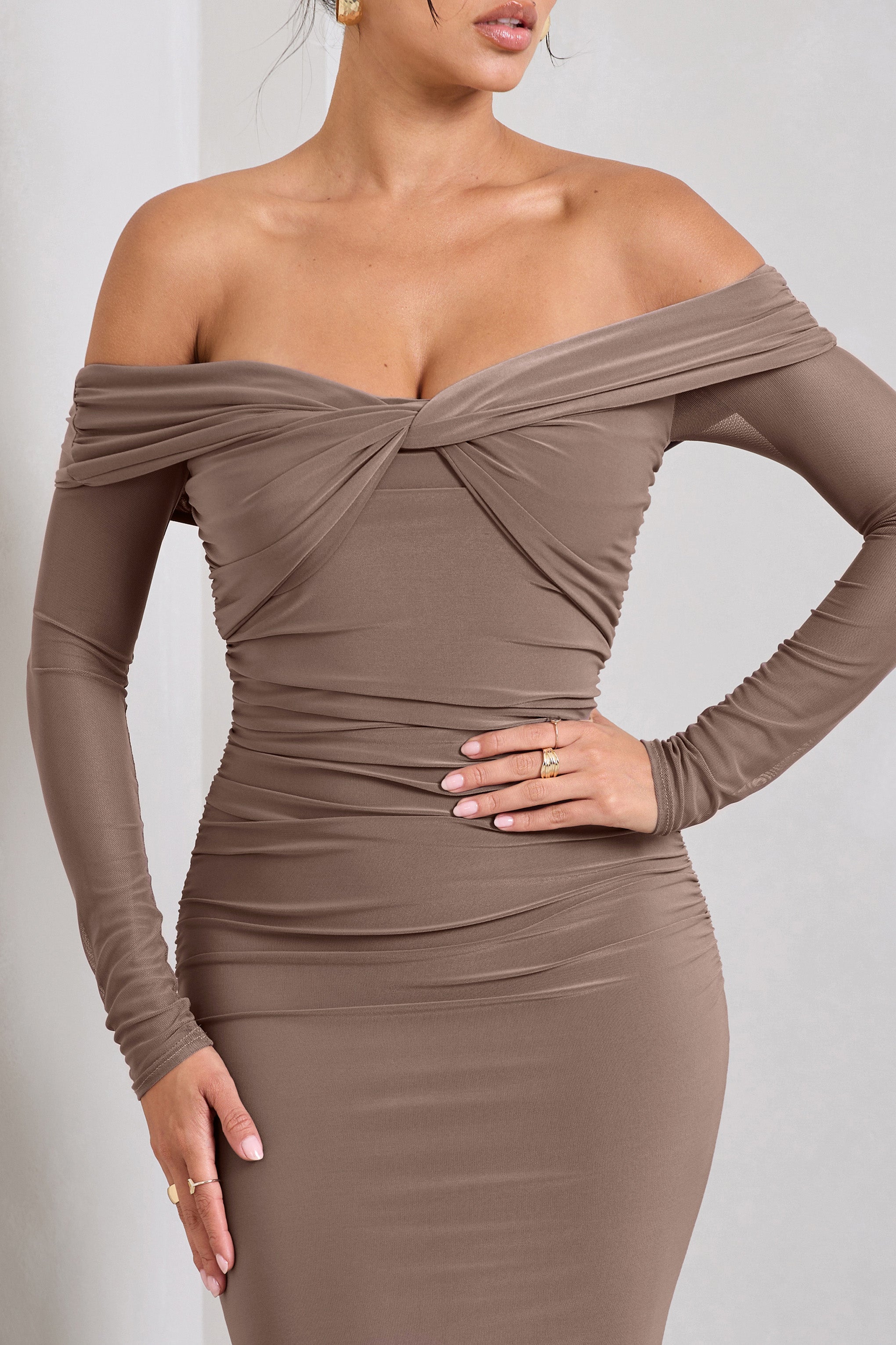 Alex Mocha Bardot Twist Maxi Dress-Fashionmomo.All Rights Reserved