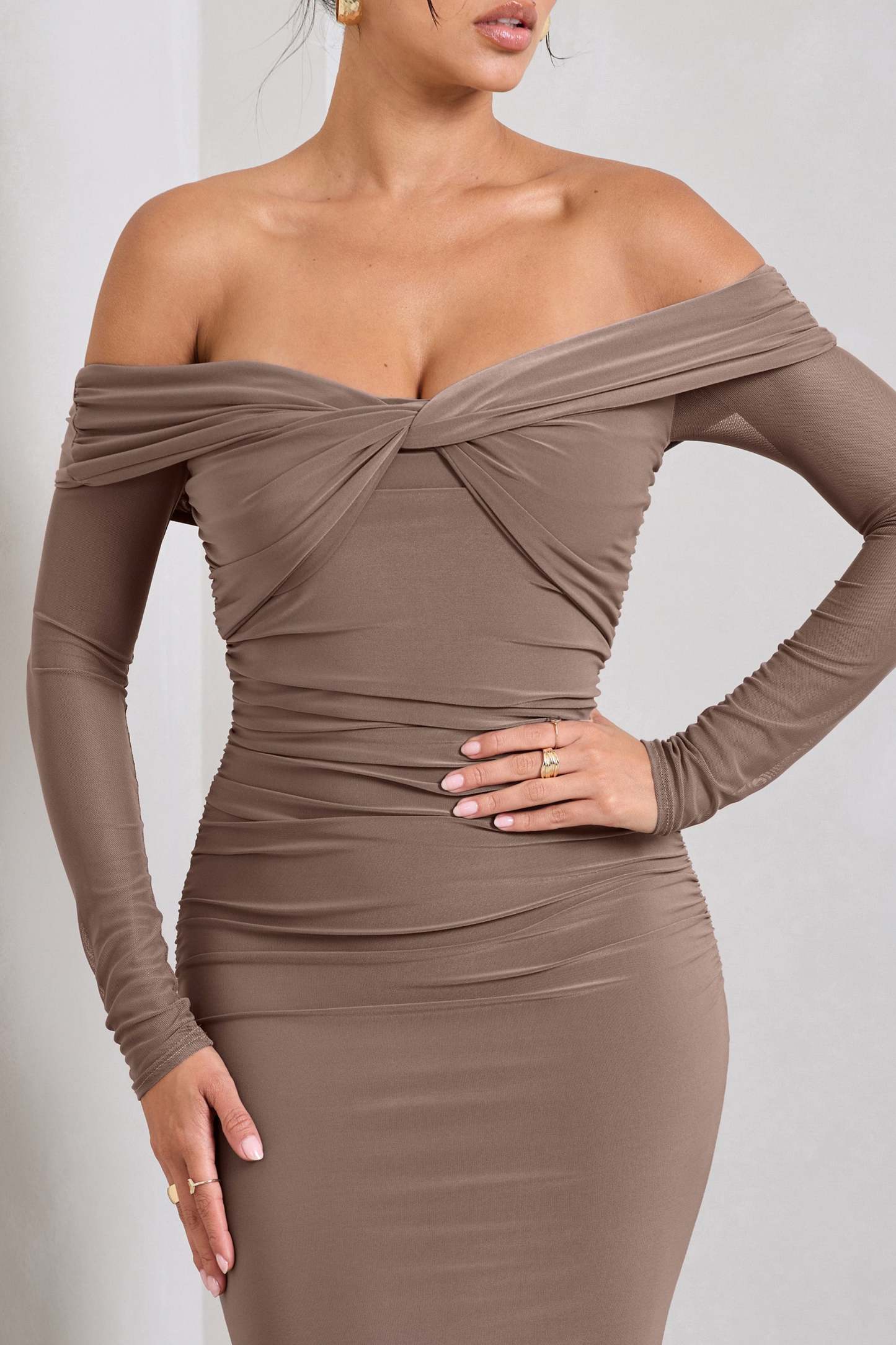 Alex Mocha Bardot Twist Maxi Dress-Fashionmomo.All Rights Reserved