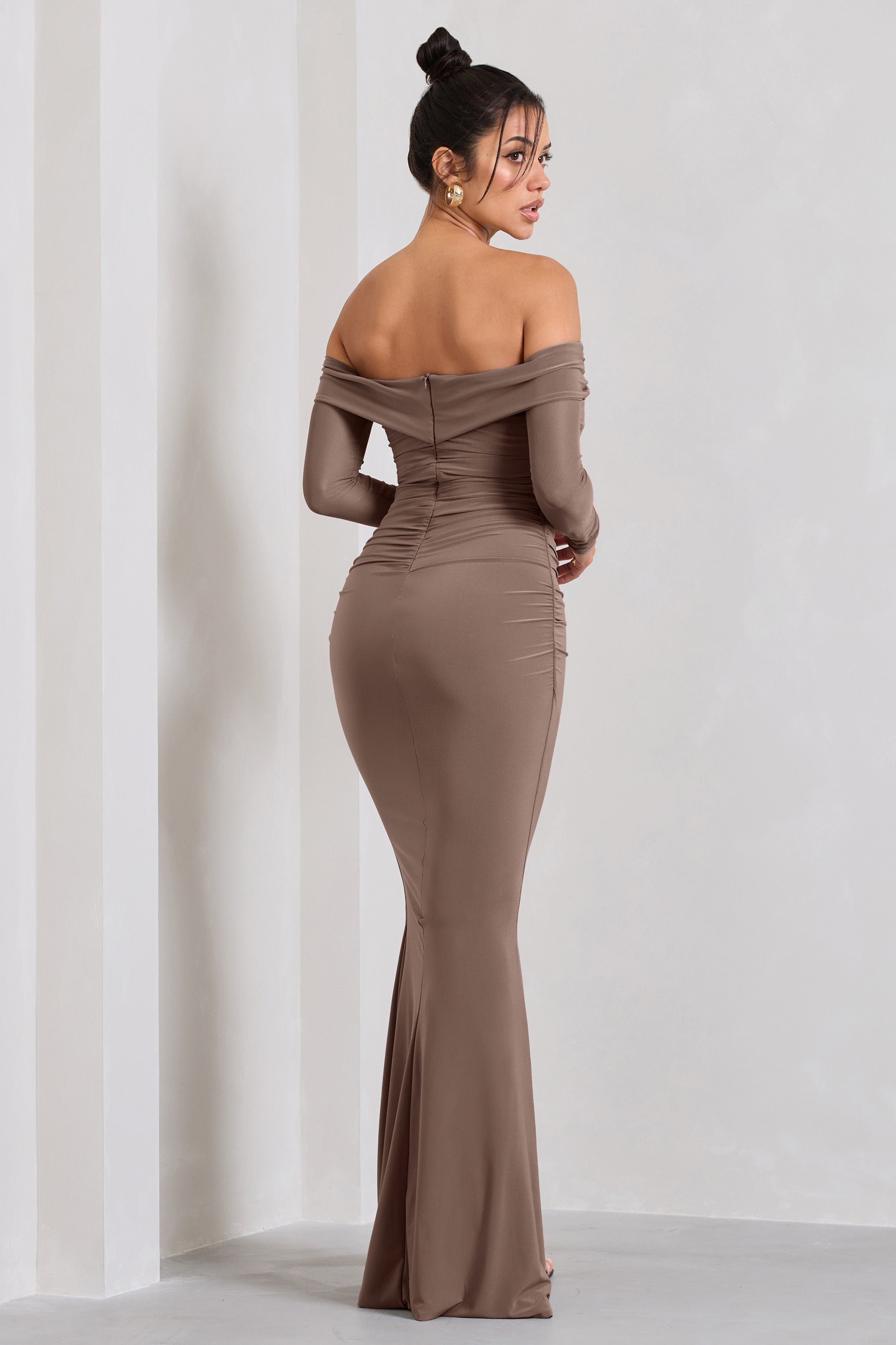 Alex Mocha Bardot Twist Maxi Dress-Fashionmomo.All Rights Reserved