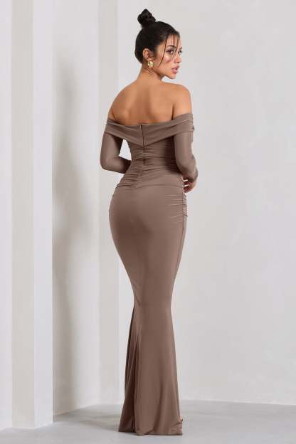 Alex Mocha Bardot Twist Maxi Dress-Fashionmomo.All Rights Reserved