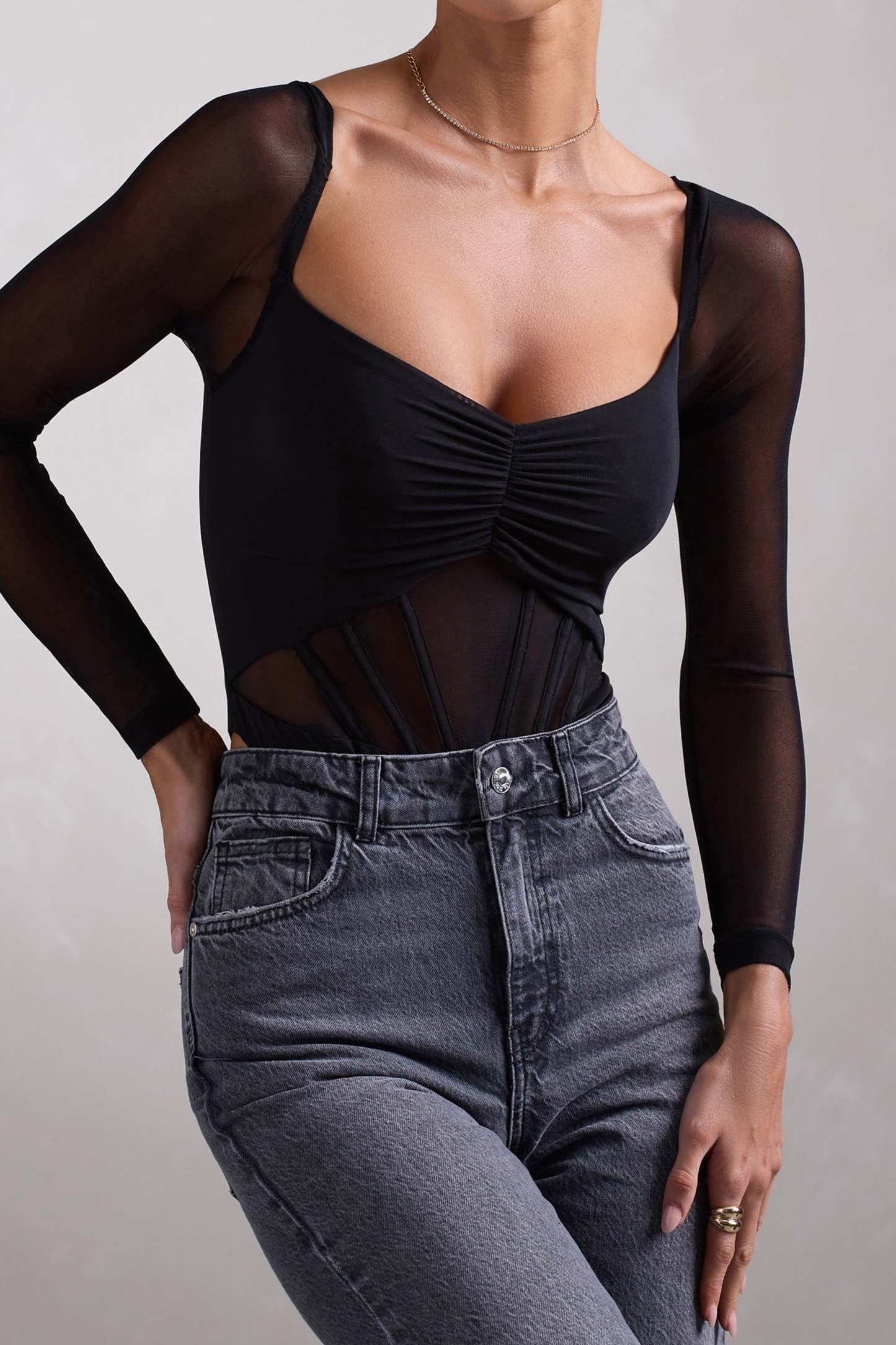 Arienna Black Ruched Mesh Long-Sleeved Corset Bodysuit-Fashionmomo.All Rights Reserved
