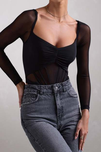 Arienna Black Ruched Mesh Long-Sleeved Corset Bodysuit-Fashionmomo.All Rights Reserved