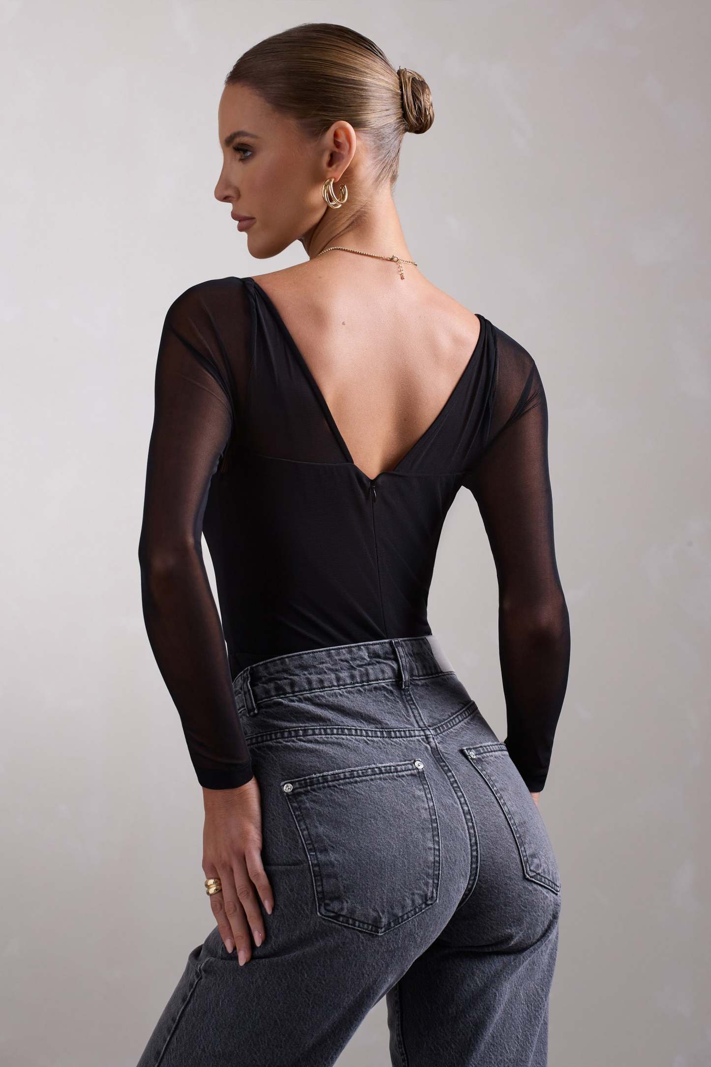 Arienna Black Ruched Mesh Long-Sleeved Corset Bodysuit-Fashionmomo.All Rights Reserved