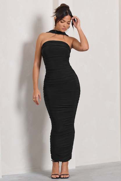 Entranced Black Ruched Bandeau Maxi Dress With Halter Collar-Fashionmomo.All Rights Reserved
