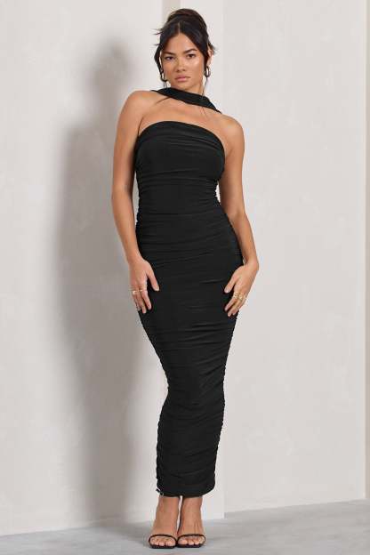 Entranced Black Ruched Bandeau Maxi Dress With Halter Collar-Fashionmomo.All Rights Reserved