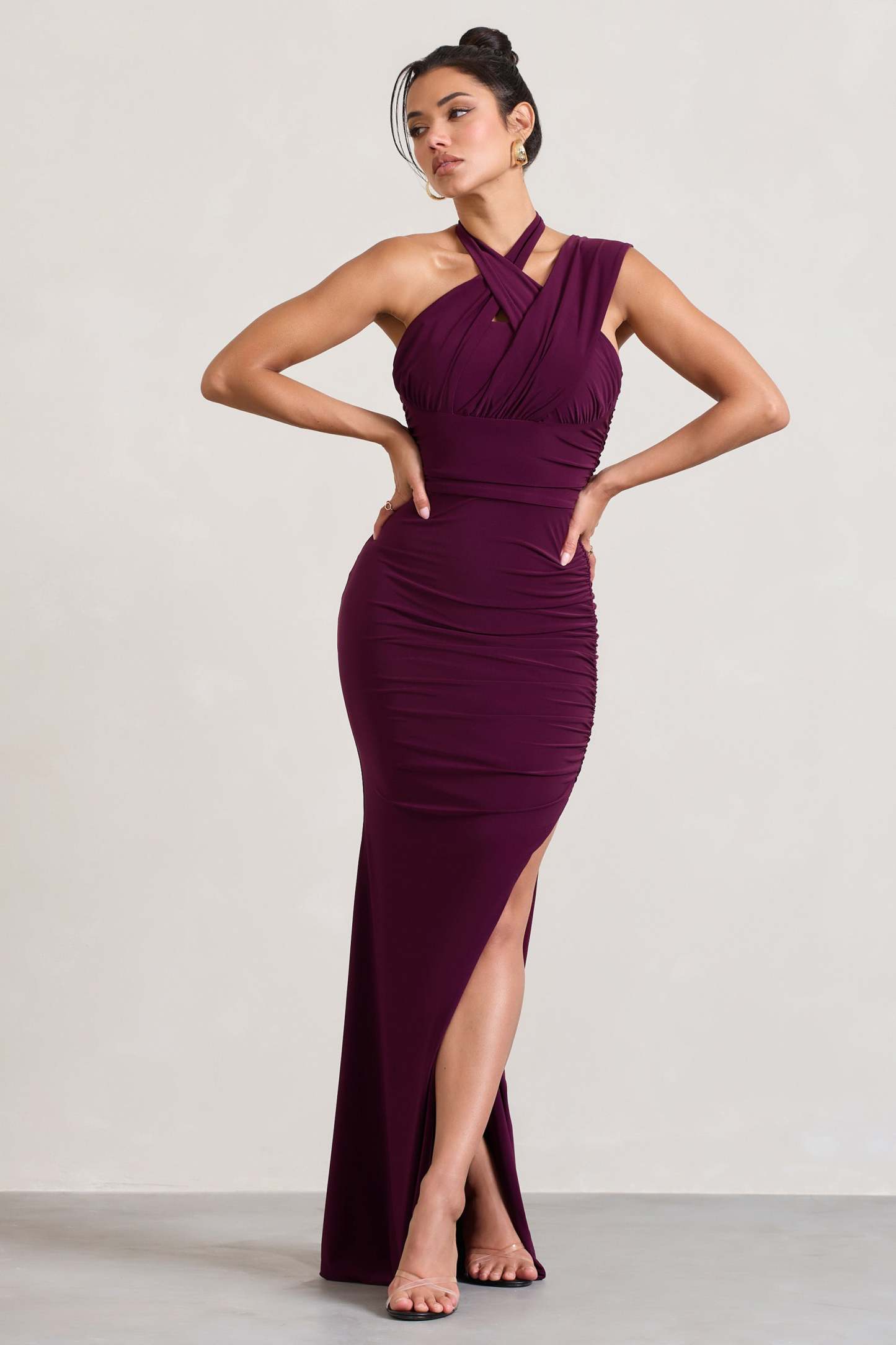 Ignite Burgundy Strappy Halter-Neck Asymmetric Maxi Dress-Fashionmomo.All Rights Reserved