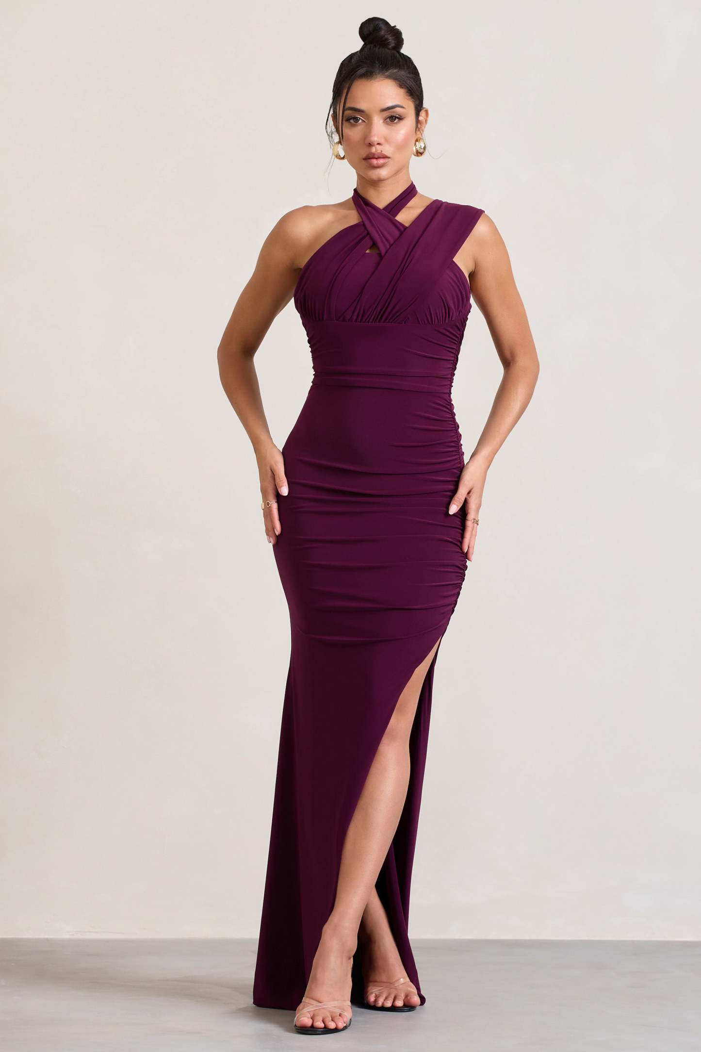 Ignite Burgundy Strappy Halter-Neck Asymmetric Maxi Dress-Fashionmomo.All Rights Reserved