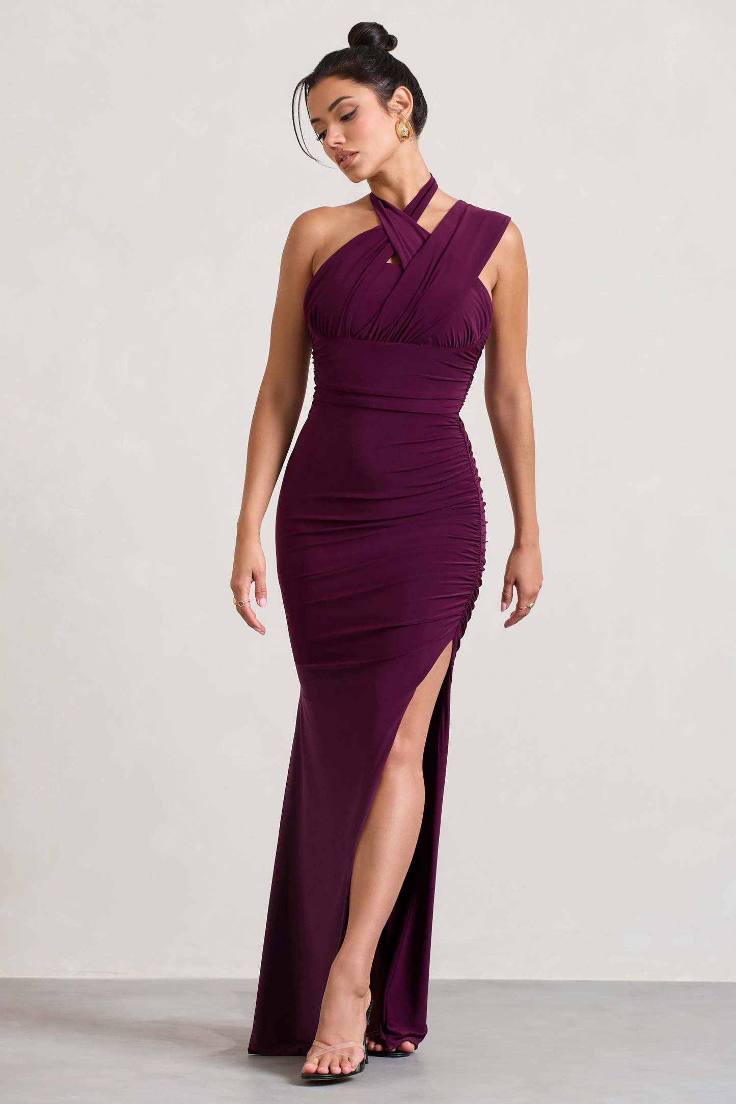Ignite Burgundy Strappy Halter-Neck Asymmetric Maxi Dress-Fashionmomo.All Rights Reserved