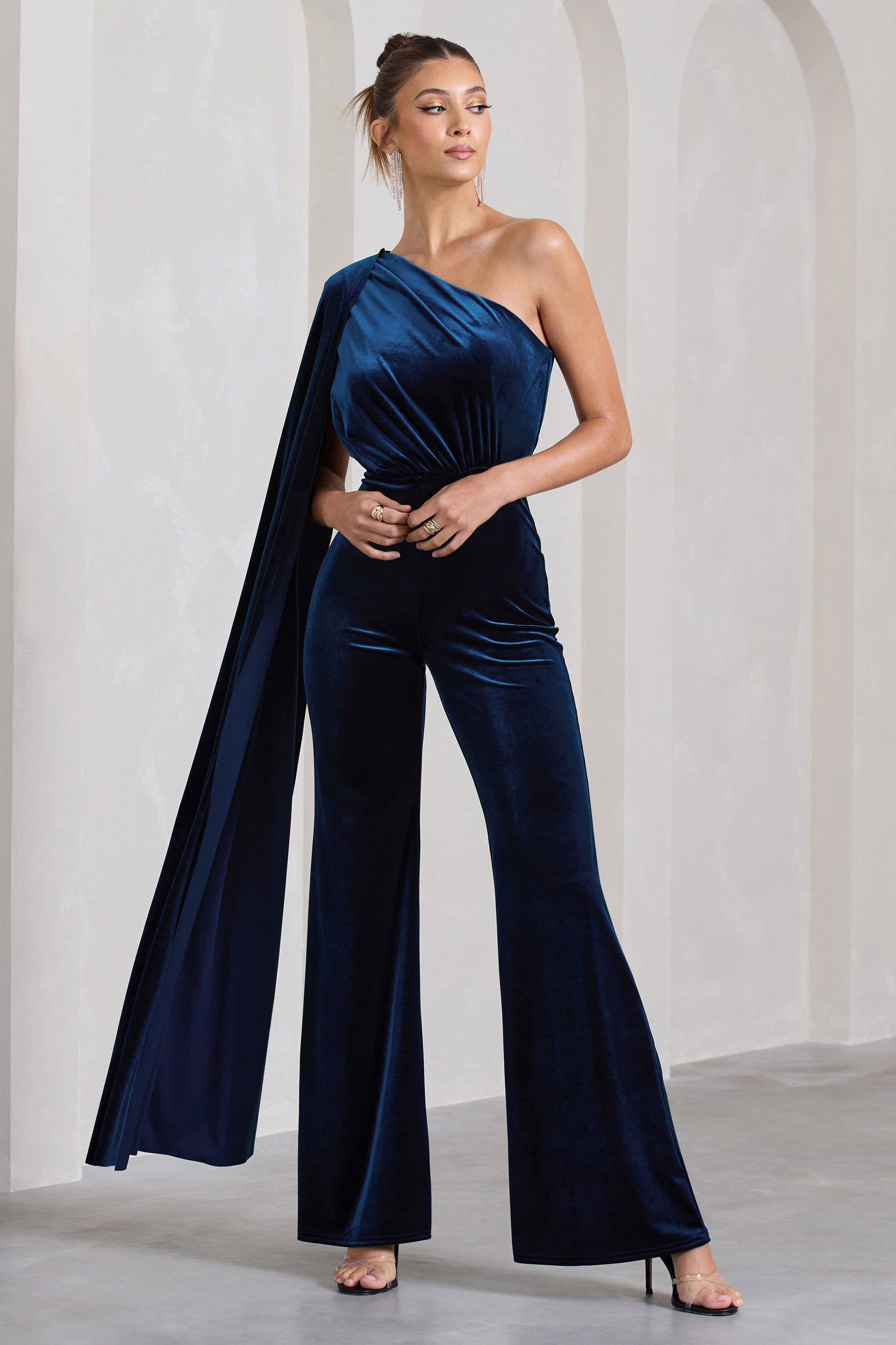 Aurora Navy Velvet One Shoulder Cape Sleeve Jumpsuit-Fashionmomo.All Rights Reserved