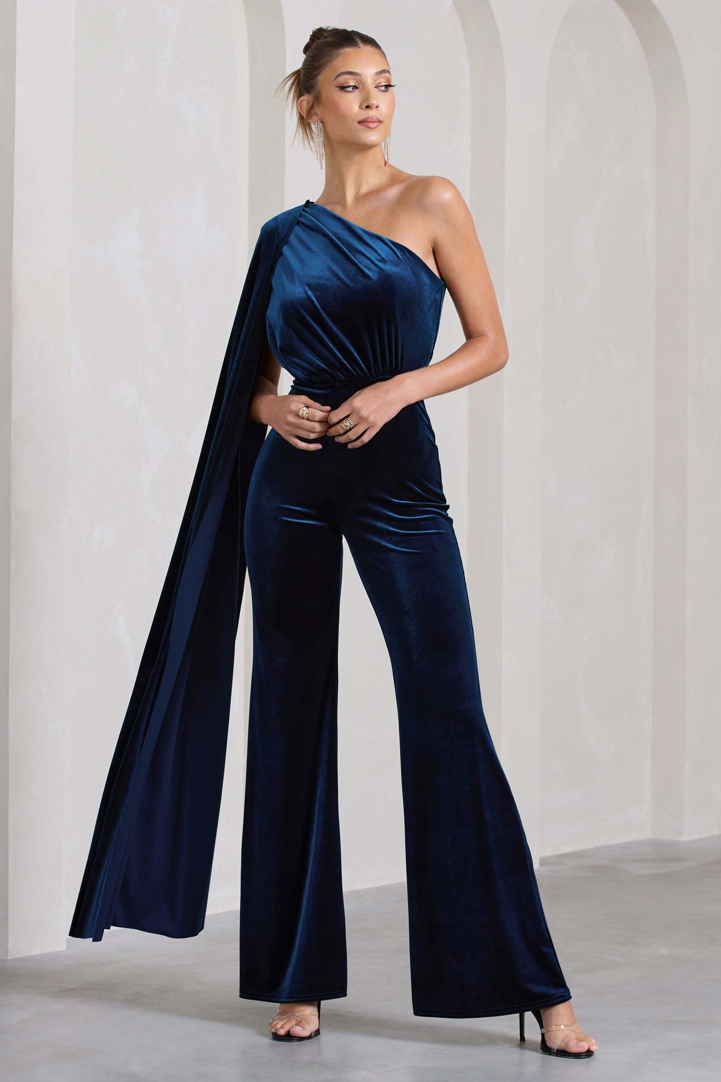 Aurora Navy Velvet One Shoulder Cape Sleeve Jumpsuit-Fashionmomo.All Rights Reserved