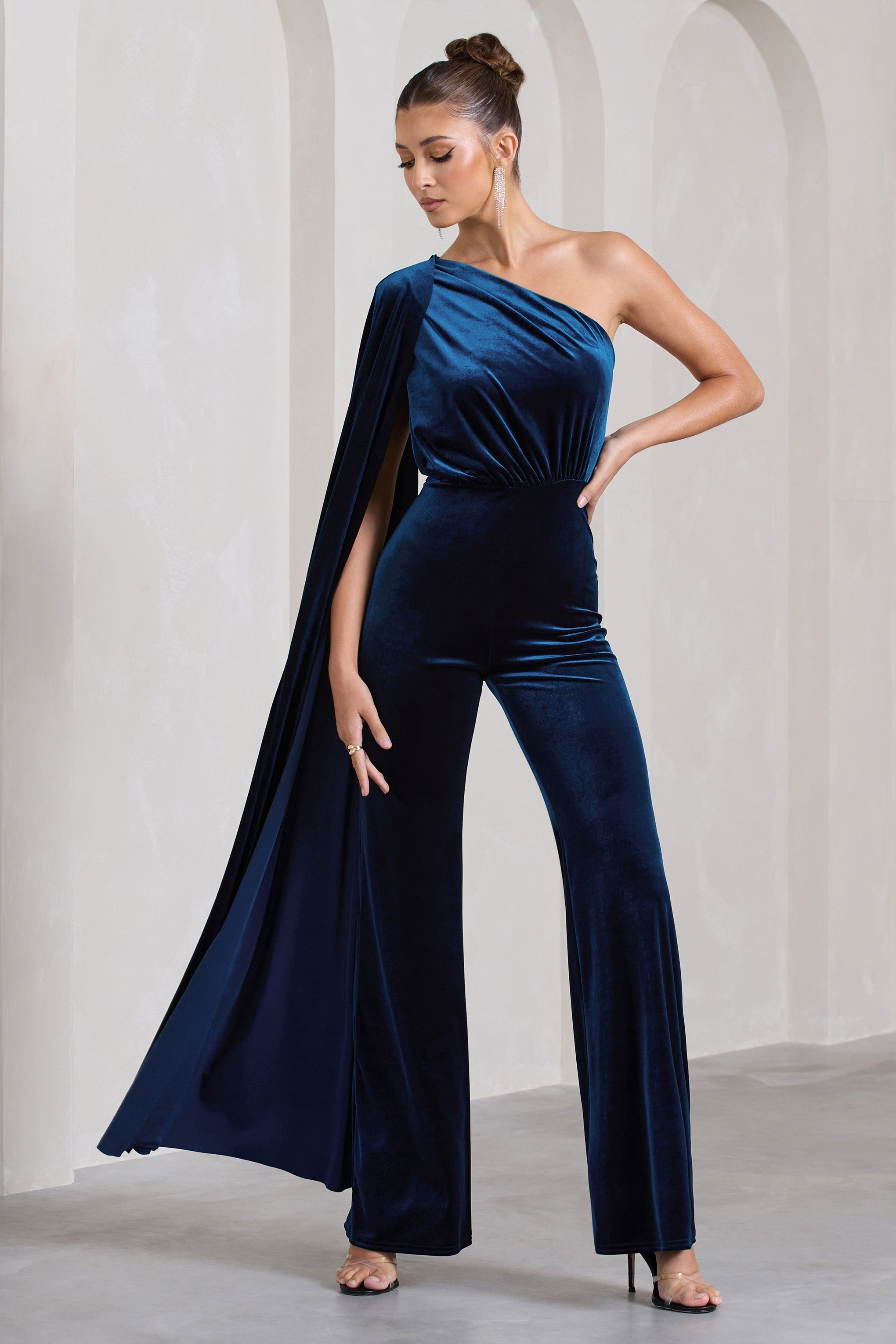 Aurora Navy Velvet One Shoulder Cape Sleeve Jumpsuit-Fashionmomo.All Rights Reserved