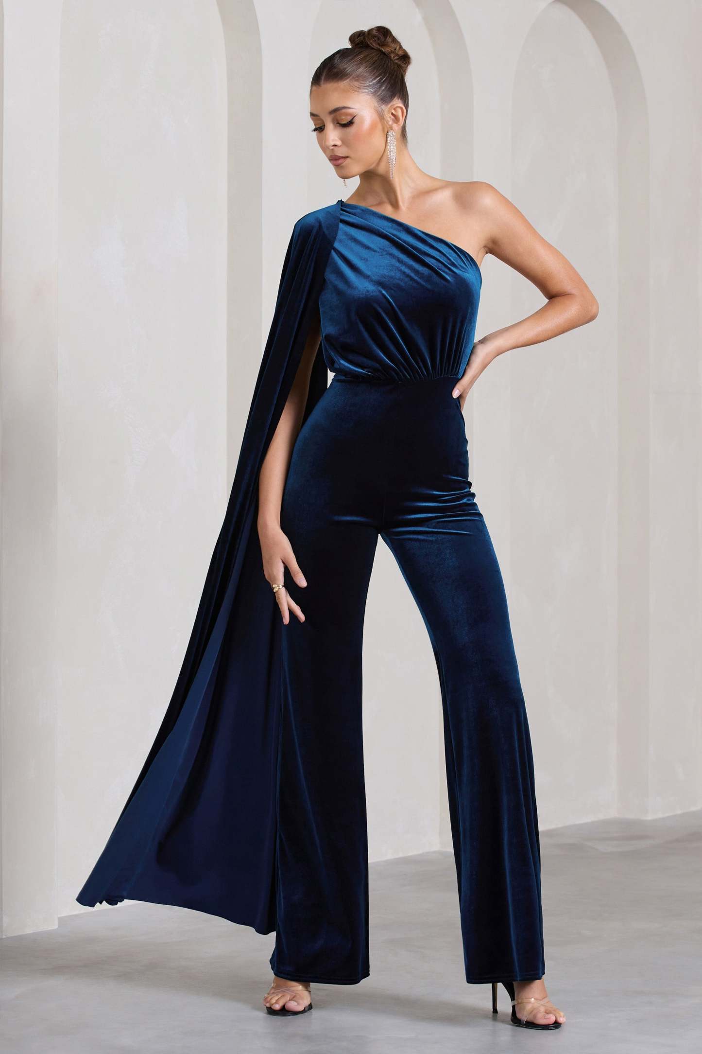 Aurora Navy Velvet One Shoulder Cape Sleeve Jumpsuit-Fashionmomo.All Rights Reserved