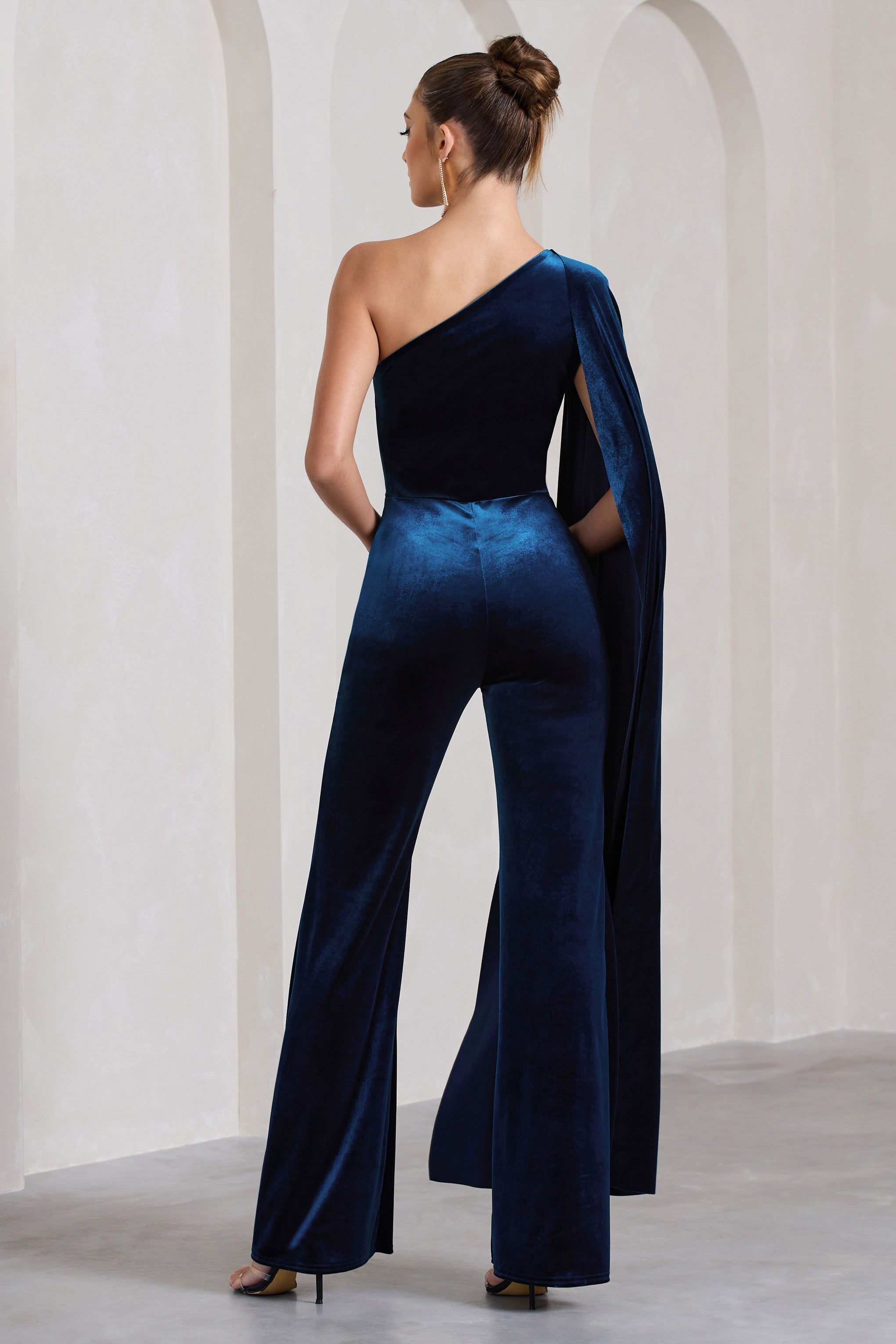 Aurora Navy Velvet One Shoulder Cape Sleeve Jumpsuit-Fashionmomo.All Rights Reserved