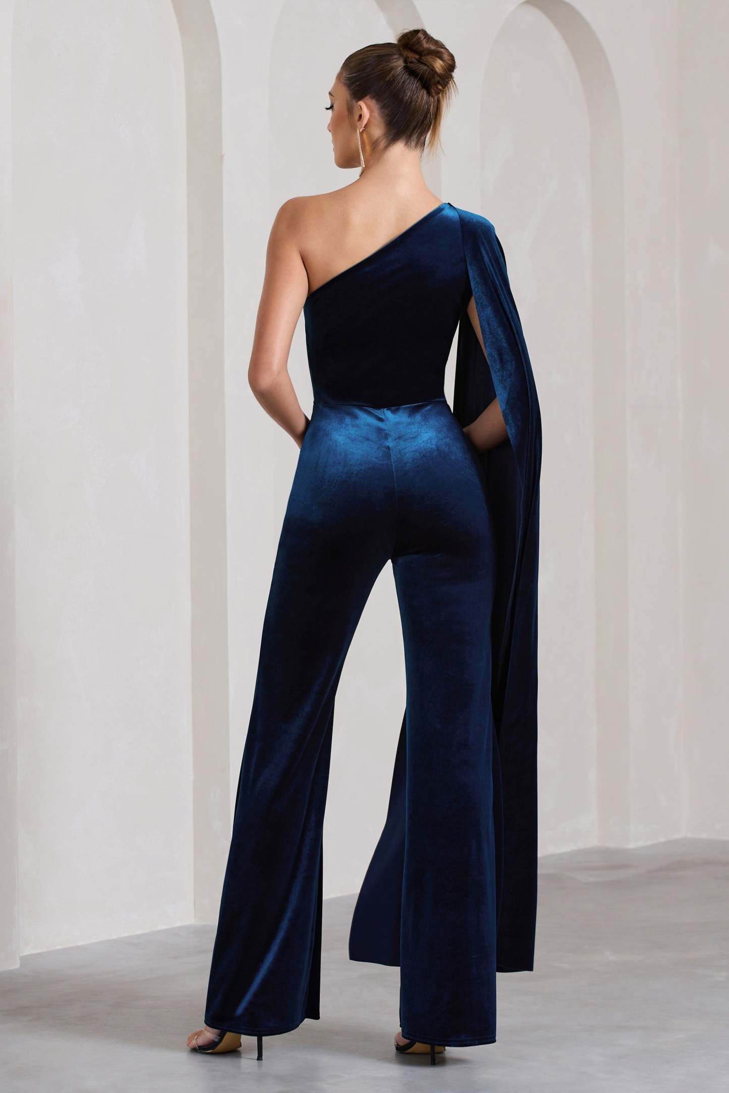 Aurora Navy Velvet One Shoulder Cape Sleeve Jumpsuit-Fashionmomo.All Rights Reserved