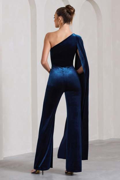 Aurora Navy Velvet One Shoulder Cape Sleeve Jumpsuit-Fashionmomo.All Rights Reserved