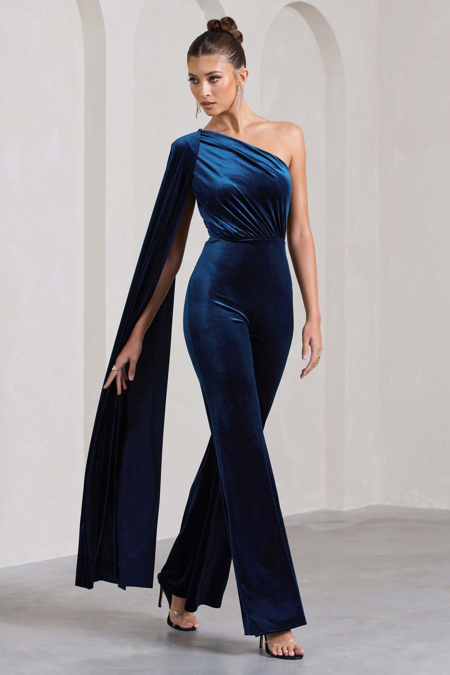 Aurora Navy Velvet One Shoulder Cape Sleeve Jumpsuit-Fashionmomo.All Rights Reserved