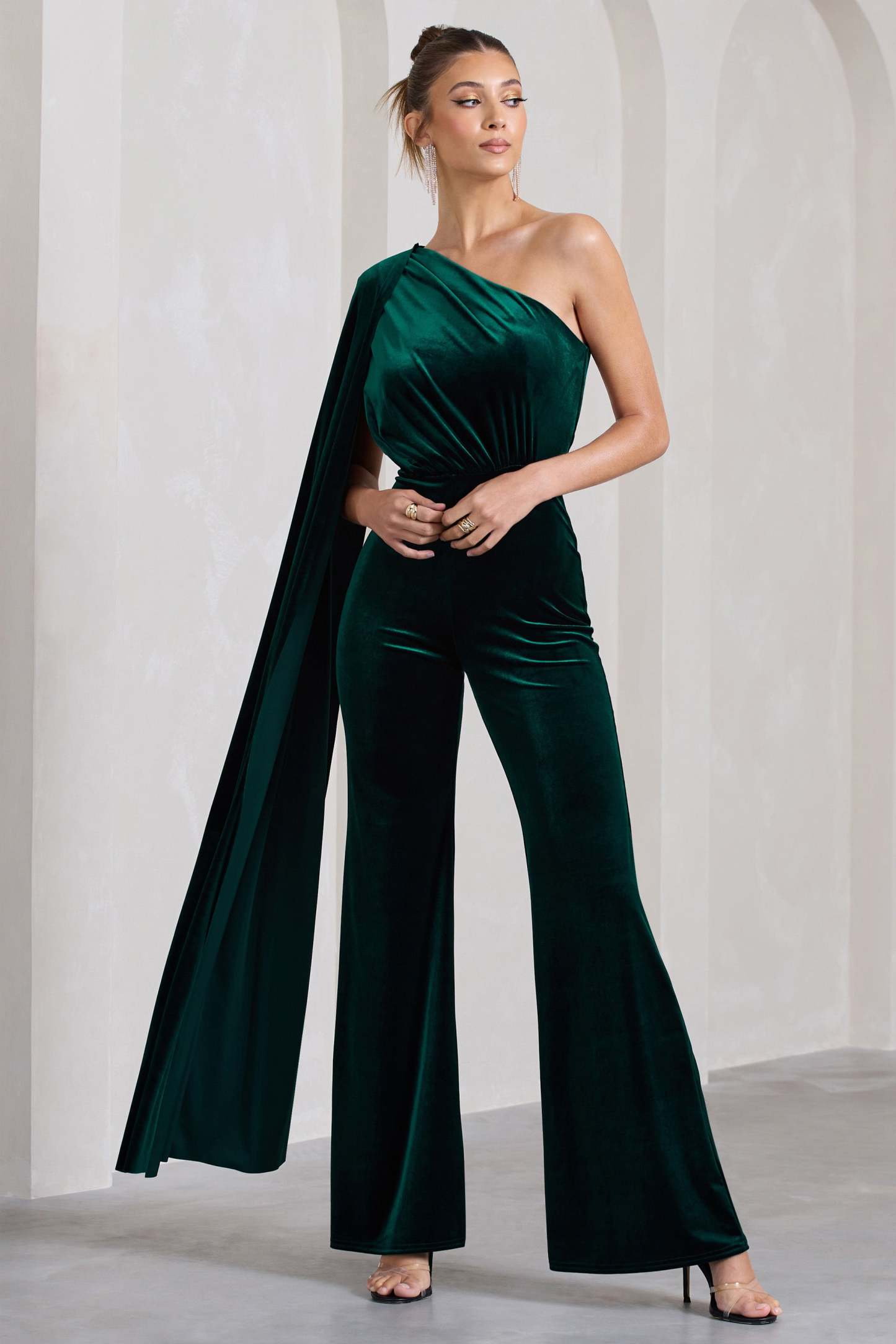 Aurora Bottle Green Velvet One Shoulder Cape Sleeve Jumpsuit-Fashionmomo.All Rights Reserved