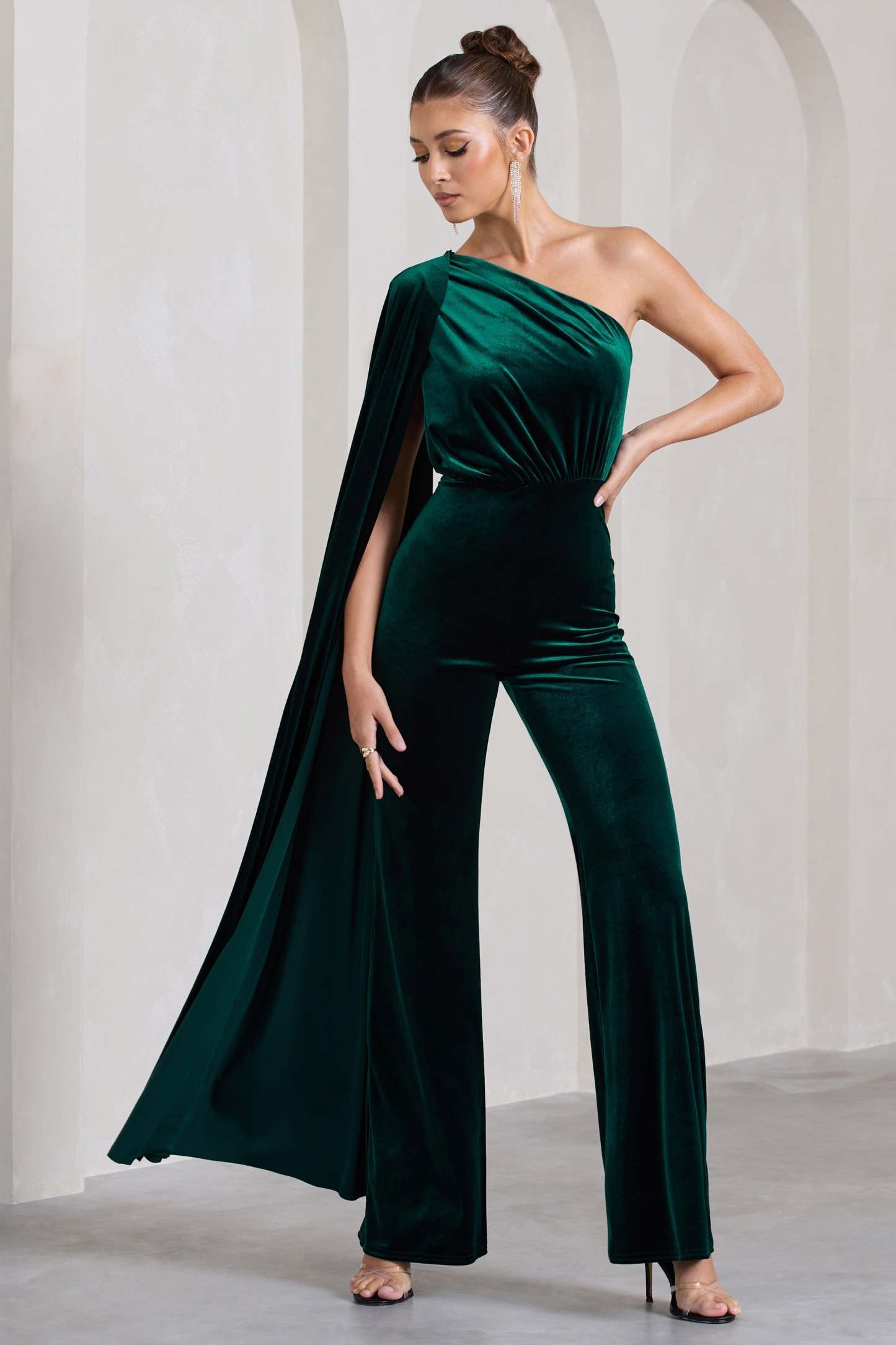Aurora Bottle Green Velvet One Shoulder Cape Sleeve Jumpsuit-Fashionmomo.All Rights Reserved