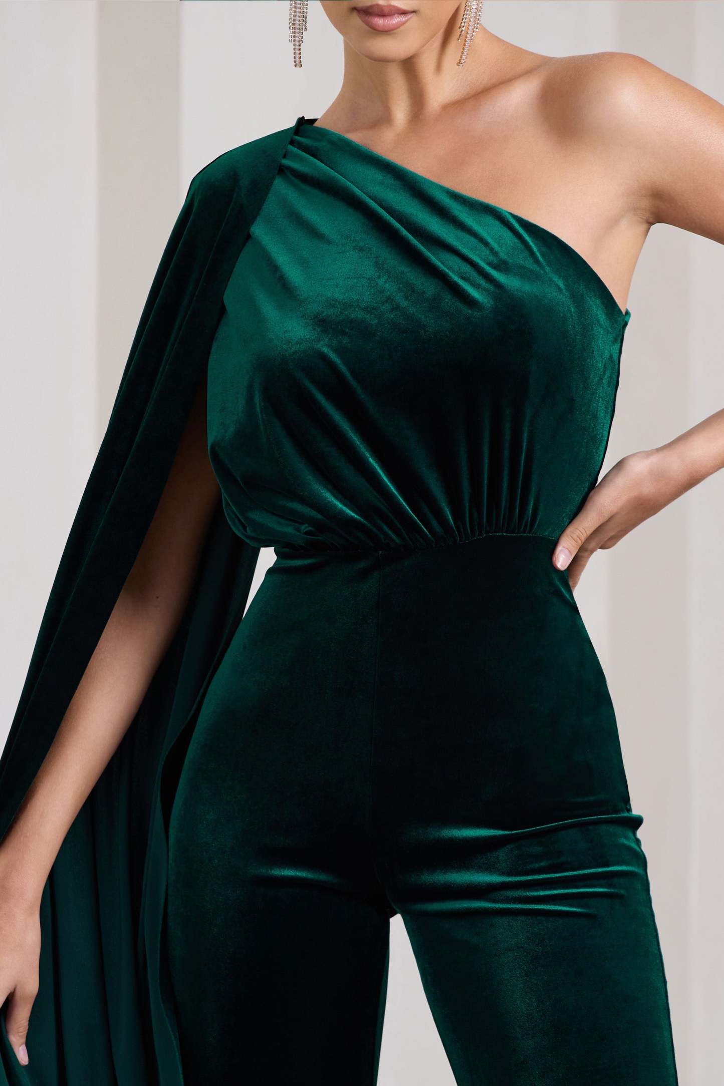 Aurora Bottle Green Velvet One Shoulder Cape Sleeve Jumpsuit-Fashionmomo.All Rights Reserved