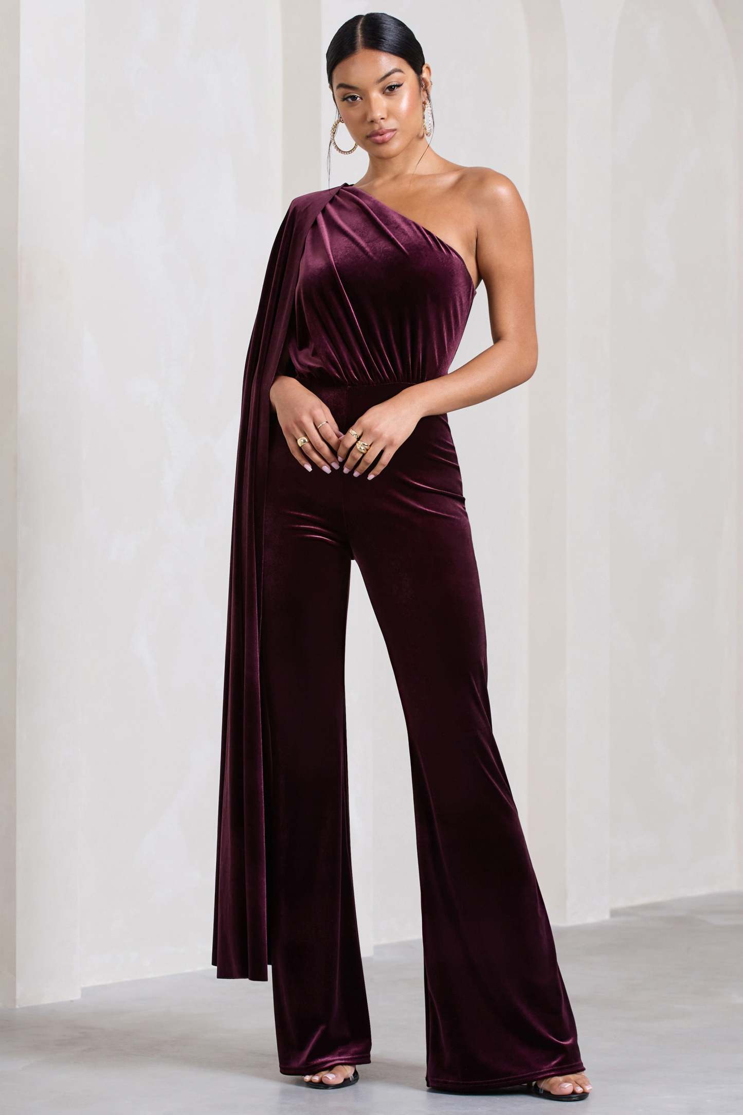 Aurora Port Velvet One Shoulder Cape Sleeve Jumpsuit-Fashionmomo.All Rights Reserved
