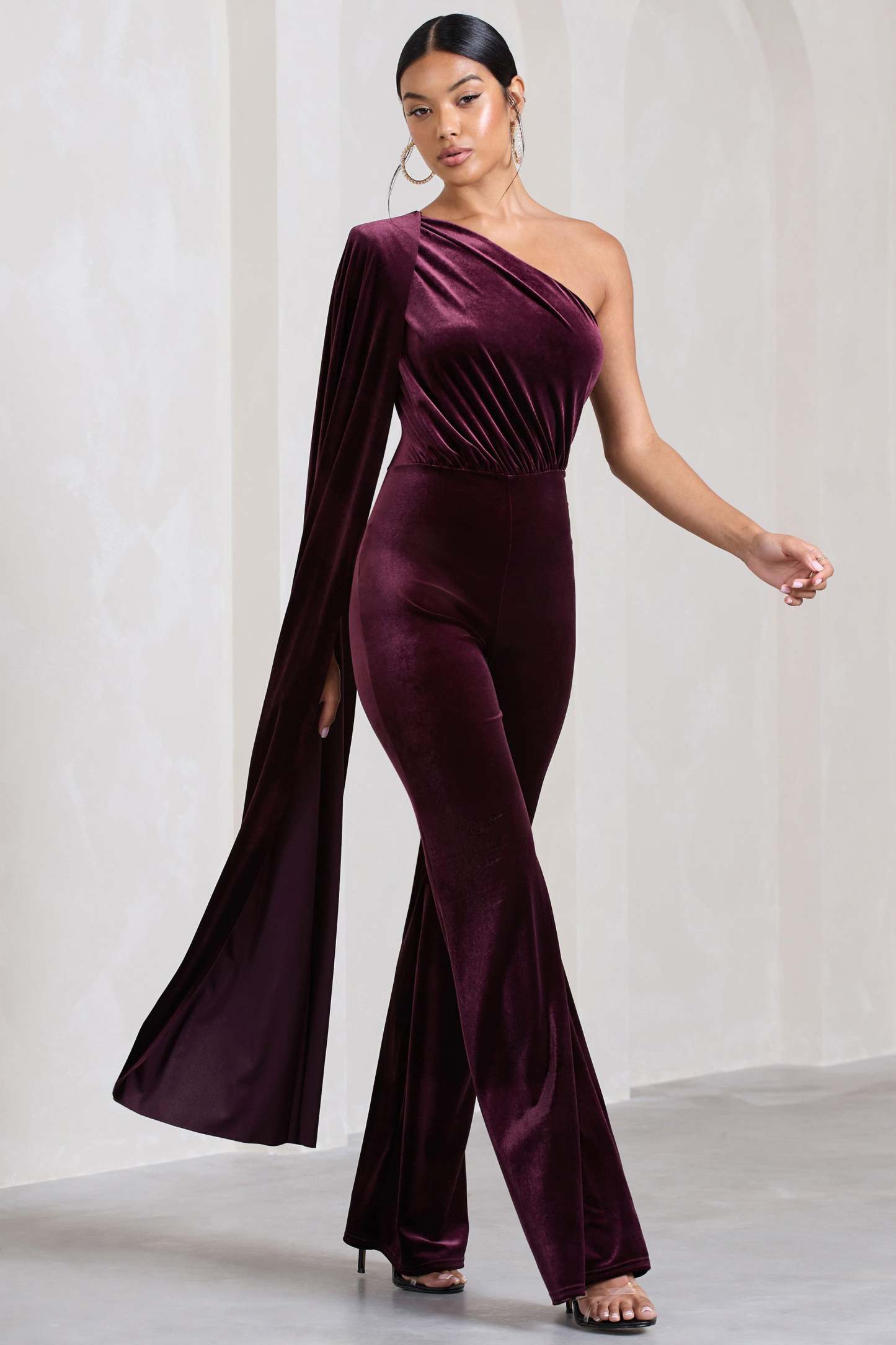 Aurora Port Velvet One Shoulder Cape Sleeve Jumpsuit-Fashionmomo.All Rights Reserved