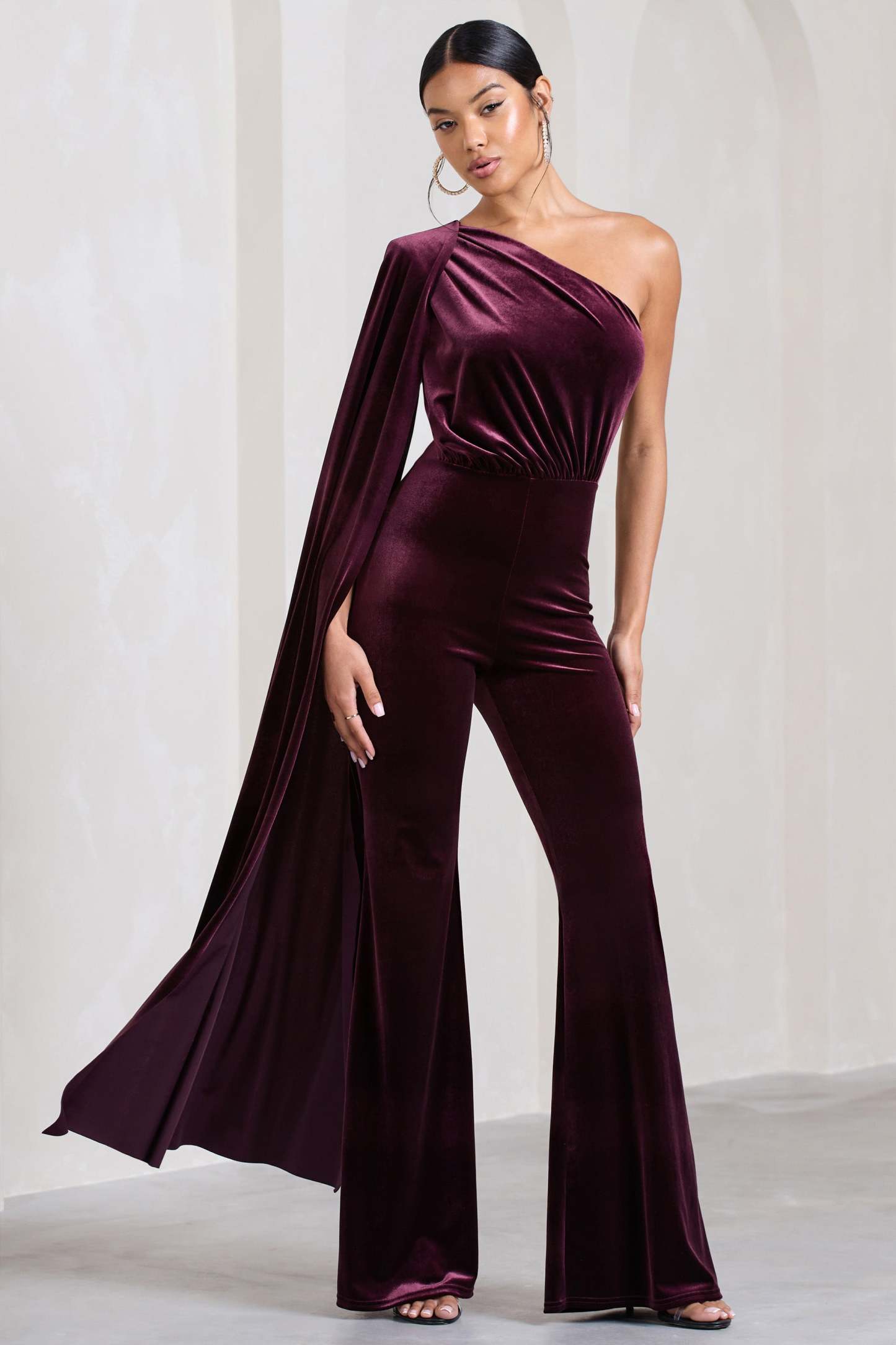 Aurora Port Velvet One Shoulder Cape Sleeve Jumpsuit-Fashionmomo.All Rights Reserved