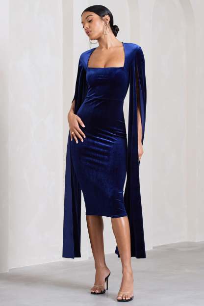 Flawless Navy Velvet Square Neck Midi Dress With Cape Sleeves-Fashionmomo.All Rights Reserved