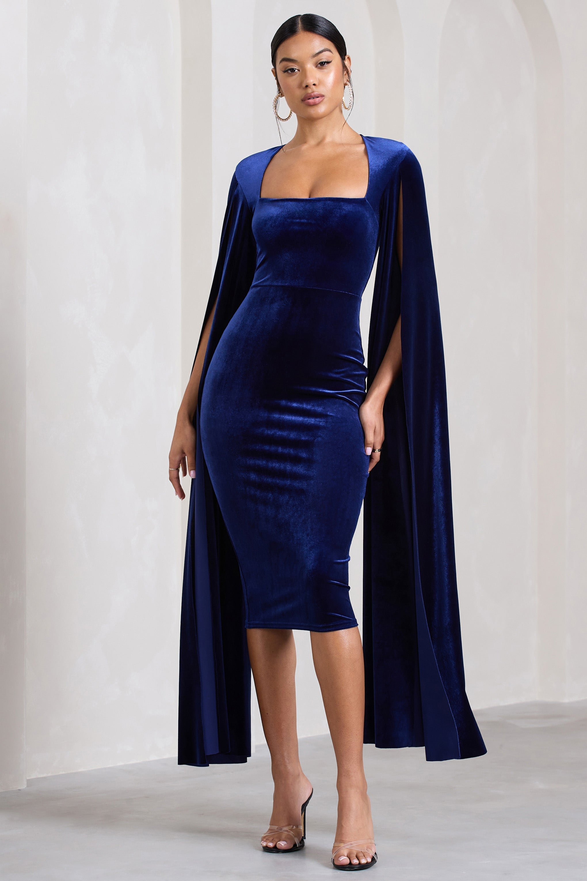 Flawless Navy Velvet Square Neck Midi Dress With Cape Sleeves-Fashionmomo.All Rights Reserved